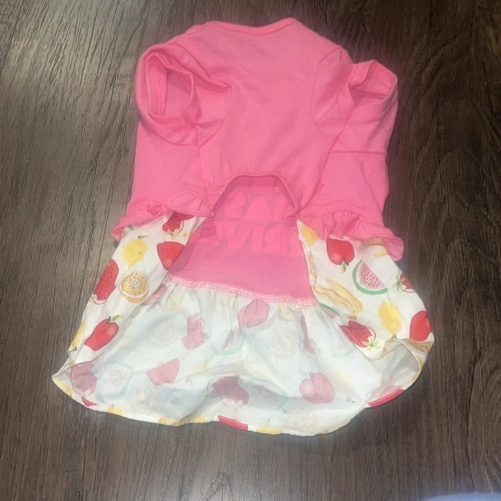 small dog pink party dress with fruit pattern